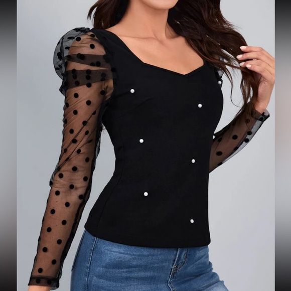 Elegant Sheer Mesh Lace Puff Long Sleeve Beaded Top Blouse Shirt - Picture 6 of 6